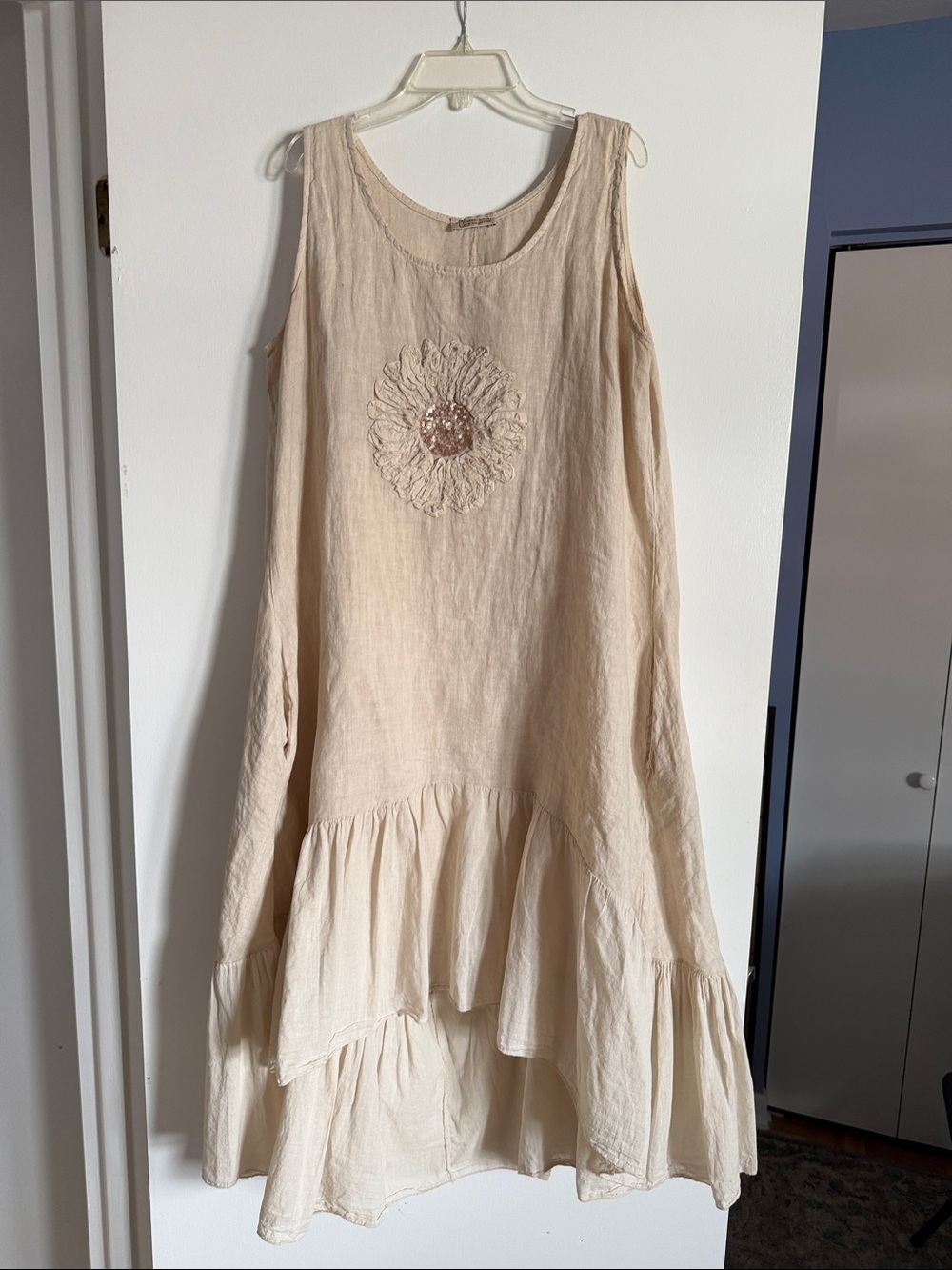 Sleeveless Cream Tiered Linen Dress with Floral Appliqué